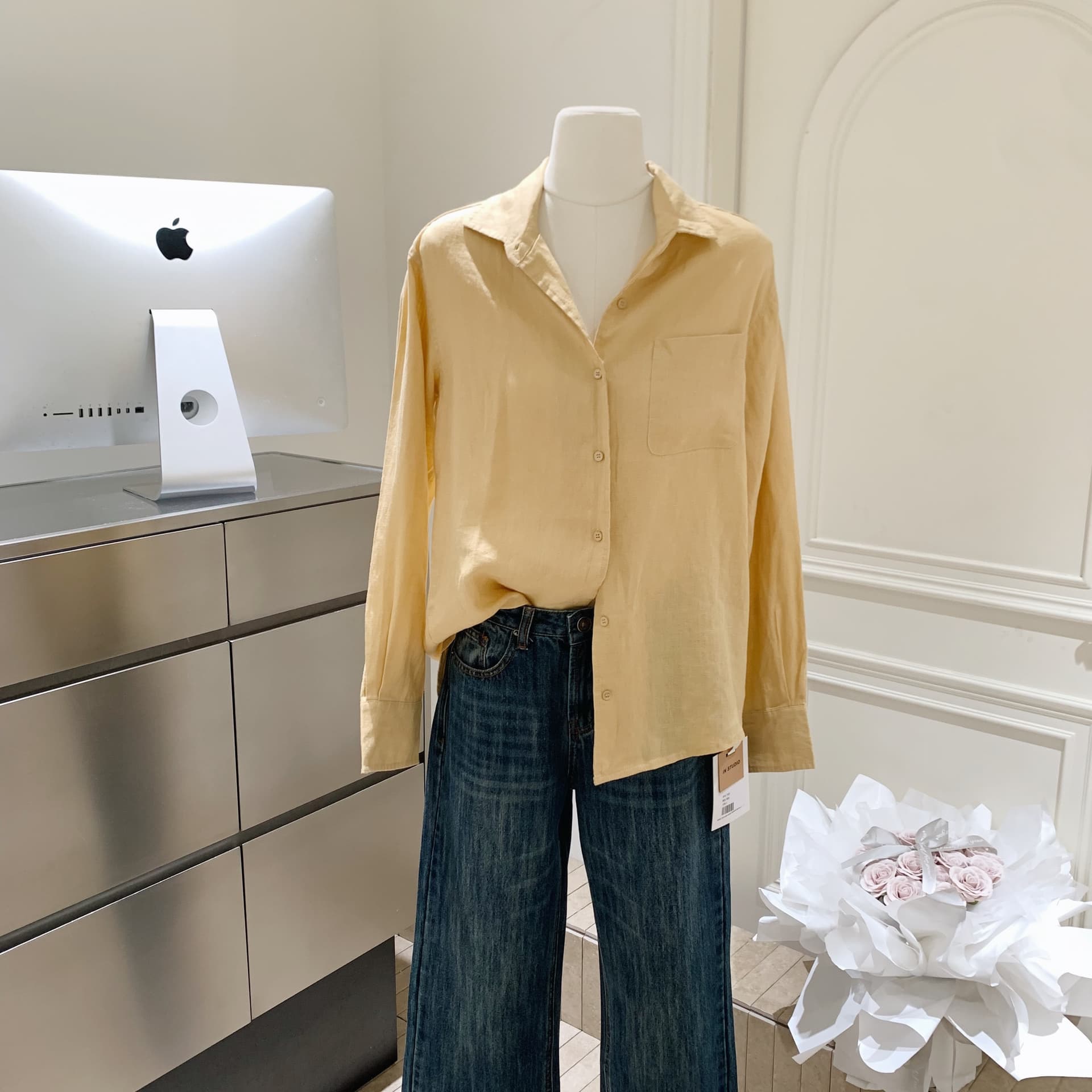 eewen la mode 노란 피부 엄격한 선택 부드럽게 하다 색조 여름 햇빛 100 아마 셔츠 이미지 3