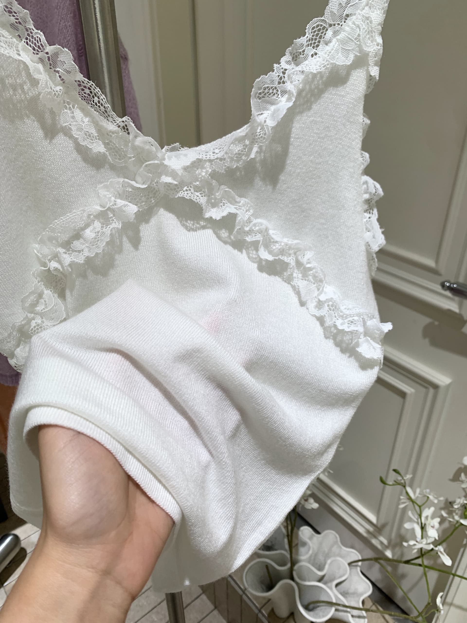 im ~까지 오스틴 일몰 광선 스택 착용 부드러운 흐릿한 센스 모헤어 긴팔 니트 블라우스 레이스 슬립 상세 이미지 11