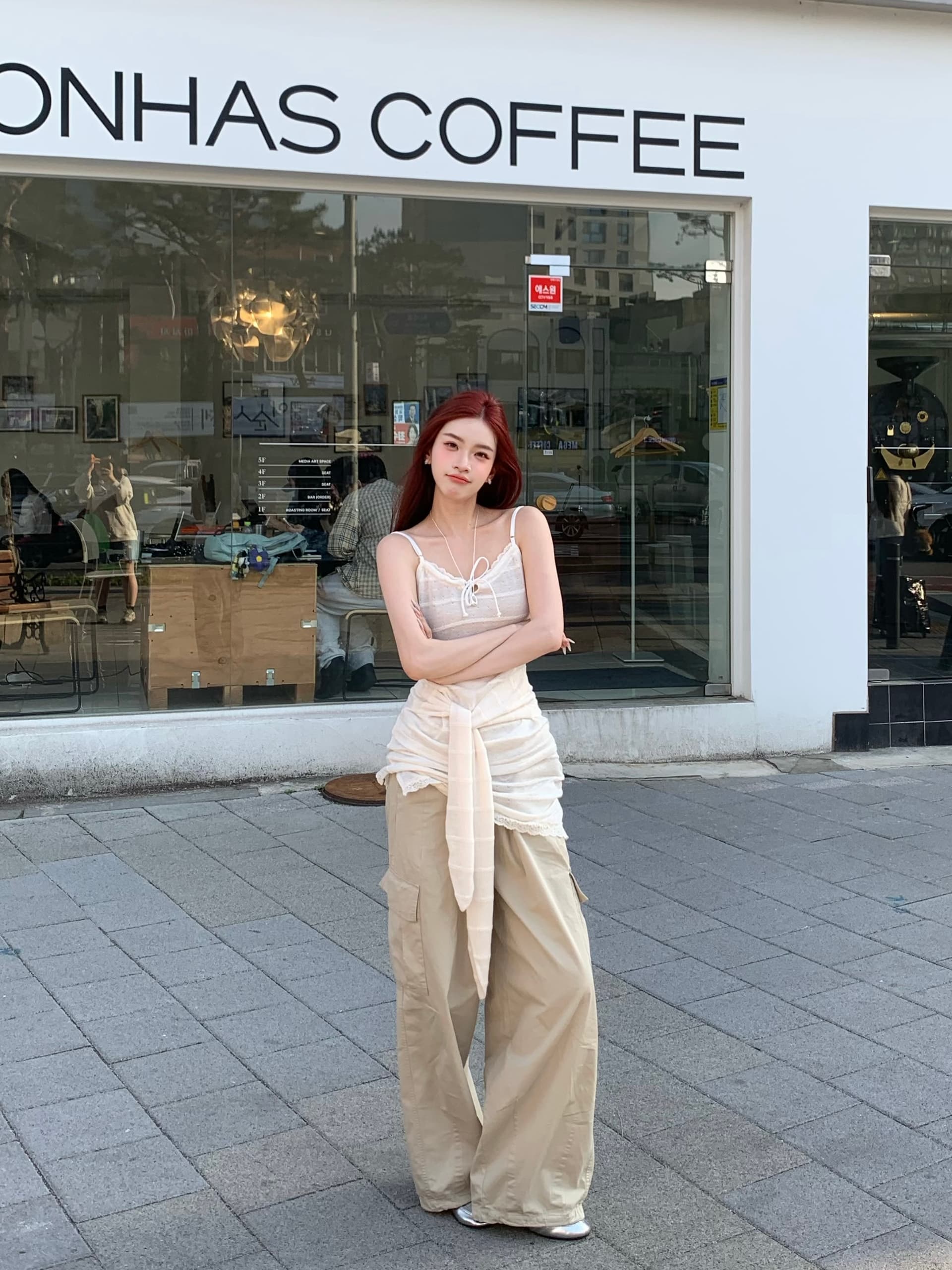 느슨함 센스 한국 스타일 레이스 캐미솔 랩스커트팬츠 드레스 스트레이트 넓은 다리 3 차원 자르기 캐주얼 바지 세트
