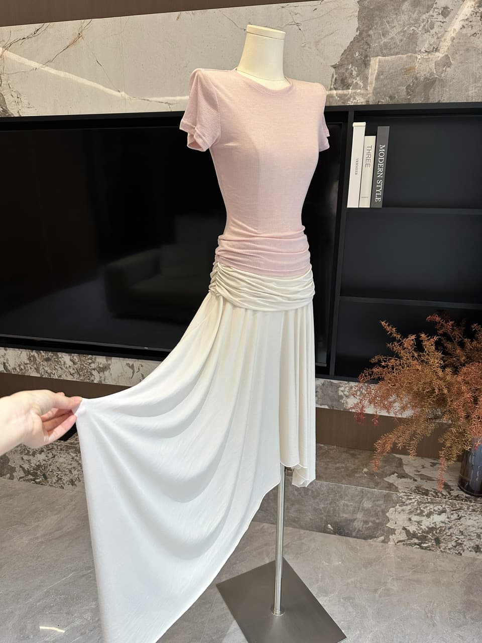 para jie 시 지에 패치 워크 Pleat 라임 라이 경기 서울 슈퍼 도루 센스 슬림해 보이는 한 마디 롱 스커트 여성 불규칙 반신 스커트 이미지 4