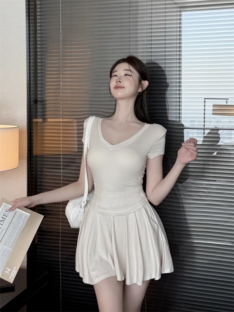 실사 정가 프랑스식 순수한 욕망 바람 V넥 섹시함 다용도 니트 티셔츠 세트 한 마디 다용도 우산 치마 투피스 세트 상세 이미지 5