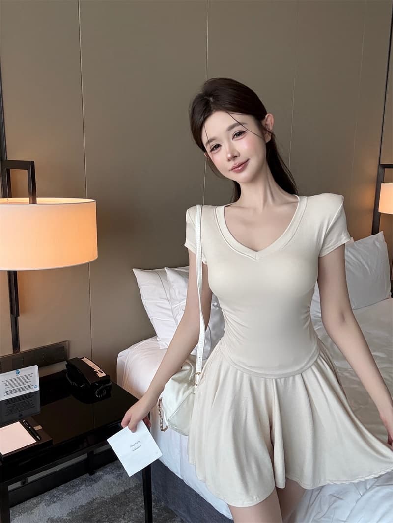 실사 정가 프랑스식 순수한 욕망 바람 V넥 섹시함 다용도 니트 티셔츠 세트 한 마디 다용도 우산 치마 투피스 세트 상세 이미지 14