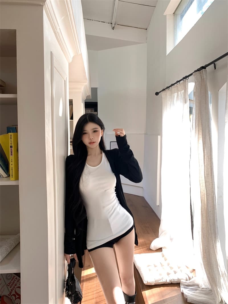 실사 정가 핫걸 종이 사람들 니트 오픈 가디건 품격 느긋한 슬림해 보이는 미니멀리즘 조끼 긴팔 재킷 상세 이미지 8