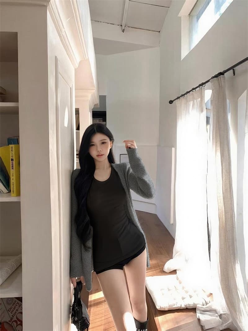 실사 정가 핫걸 종이 사람들 니트 오픈 가디건 품격 느긋한 슬림해 보이는 미니멀리즘 조끼 긴팔 재킷 상세 이미지 12