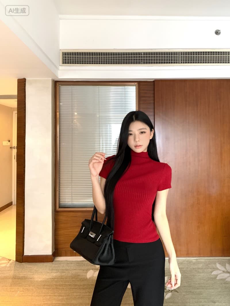 실사 정가 아메리칸 타이트 디스플레이 품격 연령 감소 반하이넥 티셔츠 패션 섹시함 다용도 반팔 다용도 긴 바지 상세 이미지 5