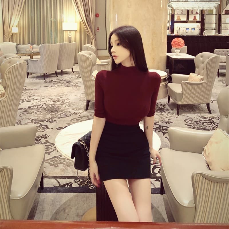 실사 정가 반하이넥 중간 소매 몸매 가꾸기 다용도 타이트 품격 맨위 다용도 순수한 욕망 바람 펭 넓적 다리 반 스커트 이미지 5