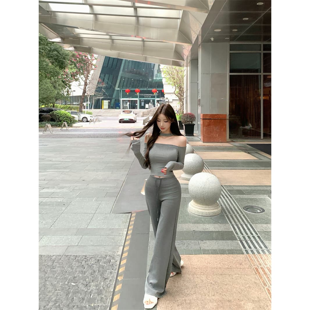 실사 정가 둘 착용 오프숄더 행침 목 쇼트 스타일 맨위 작은 대중 몸매 가꾸기 쇄골 티셔츠 다용도 넓은 다리 길이 바지 이미지 5