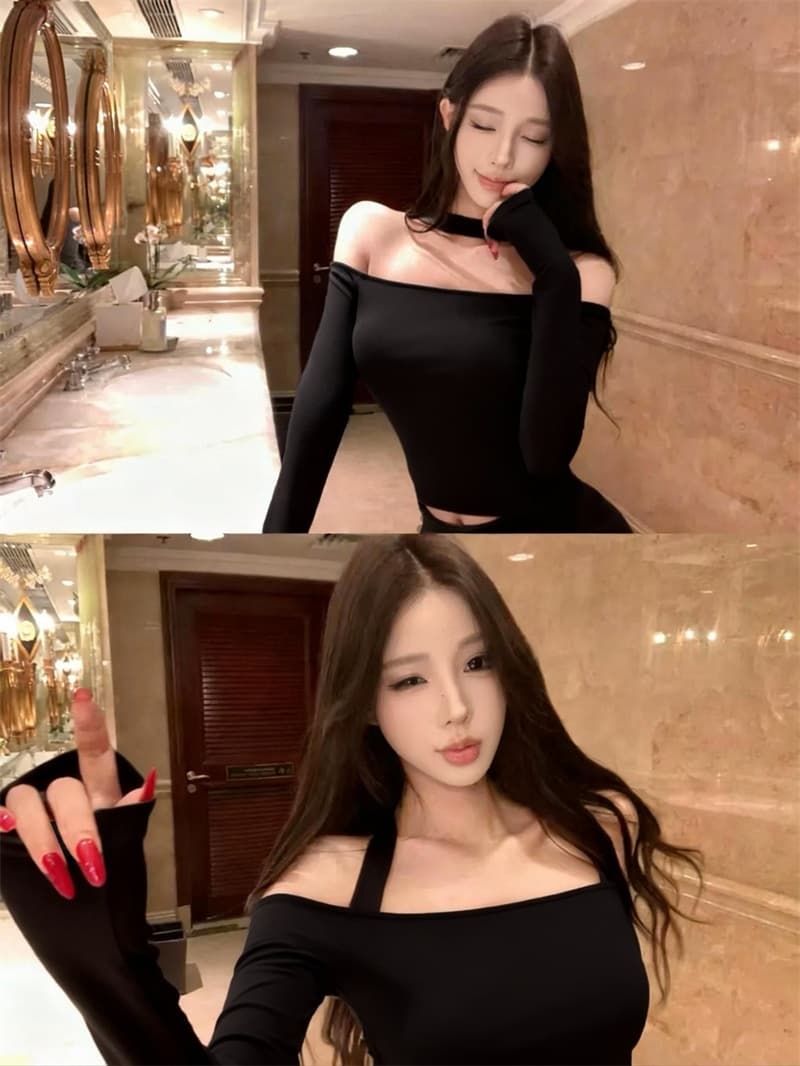 실사 정가 둘 착용 오프숄더 행침 목 쇼트 스타일 맨위 작은 대중 몸매 가꾸기 쇄골 티셔츠 다용도 넓은 다리 길이 바지 이미지 3