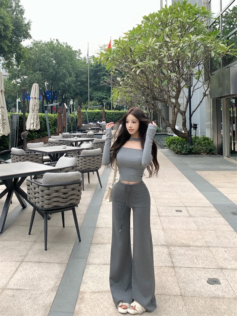 실사 정가 둘 착용 오프숄더 행침 목 쇼트 스타일 맨위 작은 대중 몸매 가꾸기 쇄골 티셔츠 다용도 넓은 다리 길이 바지 상세 이미지 1