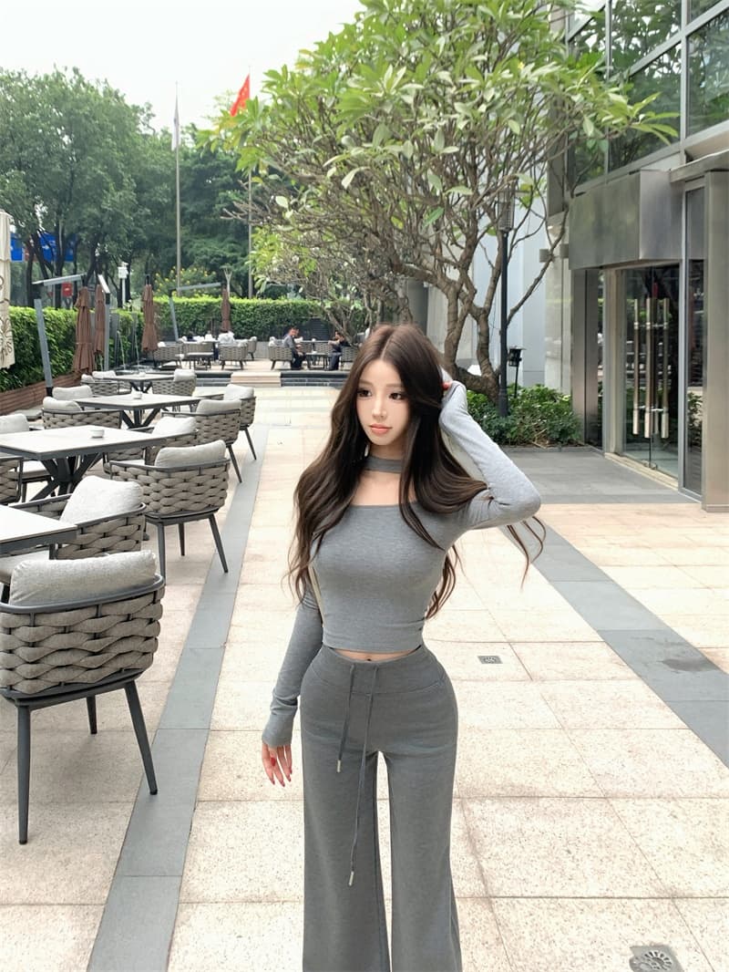 실사 정가 둘 착용 오프숄더 행침 목 쇼트 스타일 맨위 작은 대중 몸매 가꾸기 쇄골 티셔츠 다용도 넓은 다리 길이 바지 상세 이미지 7