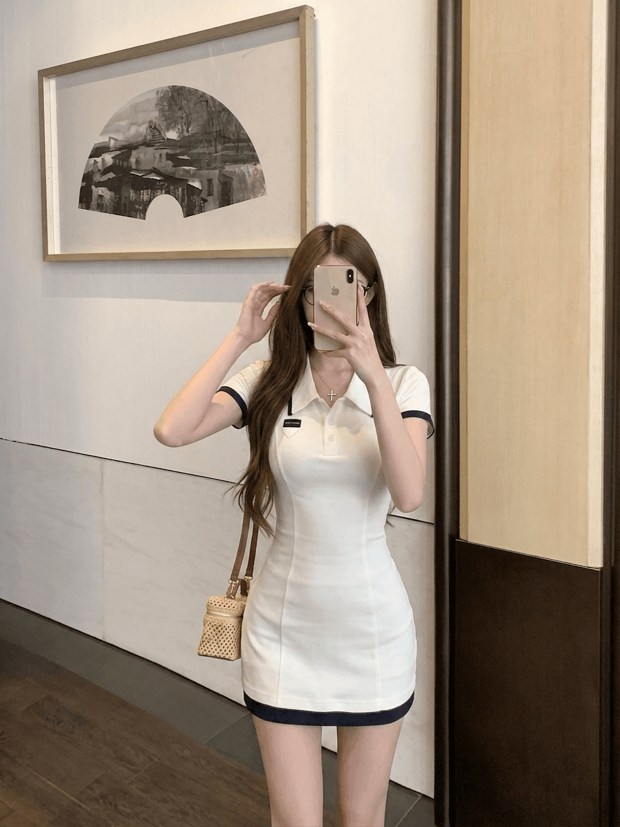 실사 정가 한 바람 miu 부서 POLO 칼라 허리 수축 슬림해 보이는 타이트 스커트 핫걸 쇼트 스타일 드레스 이미지 4
