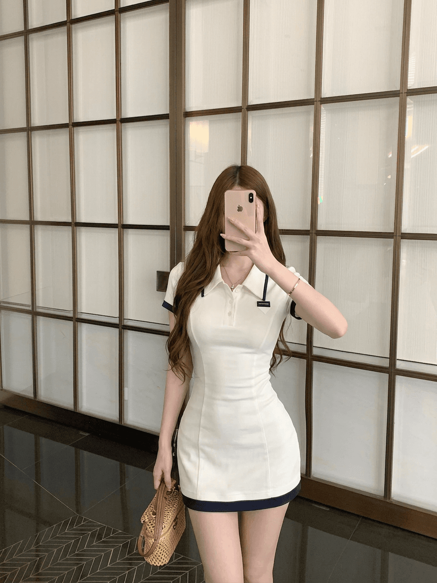 실사 정가 한 바람 miu 부서 POLO 칼라 허리 수축 슬림해 보이는 타이트 스커트 핫걸 쇼트 스타일 드레스 상세 이미지 3