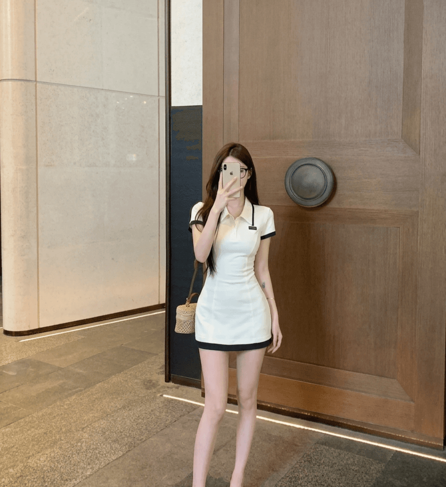 실사 정가 한 바람 miu 부서 POLO 칼라 허리 수축 슬림해 보이는 타이트 스커트 핫걸 쇼트 스타일 드레스 상세 이미지 4