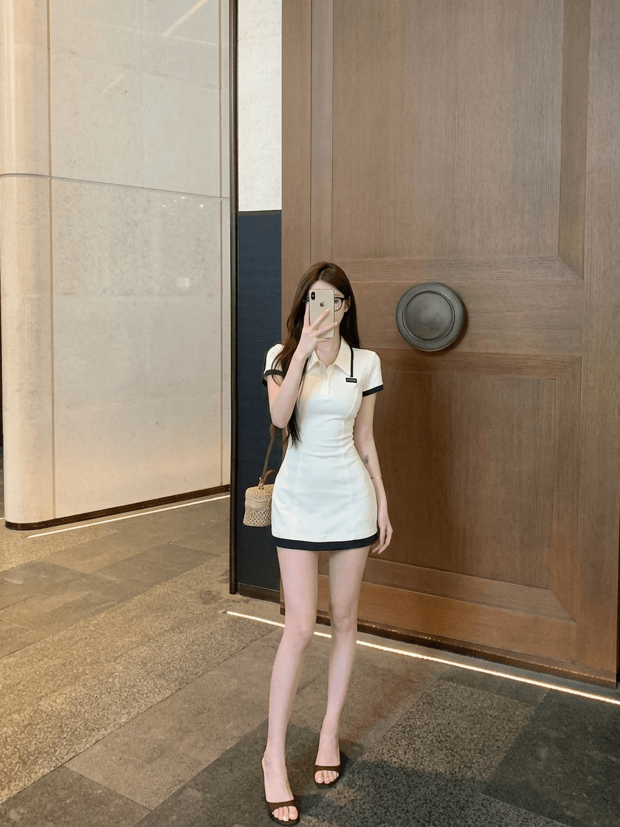 실사 정가 한 바람 miu 부서 POLO 칼라 허리 수축 슬림해 보이는 타이트 스커트 핫걸 쇼트 스타일 드레스 상세 이미지 6