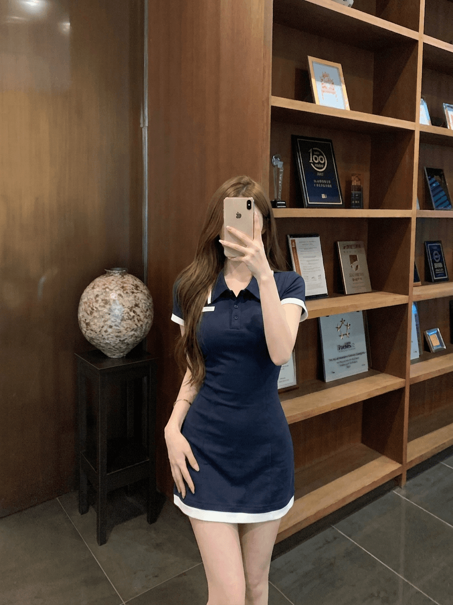 실사 정가 한 바람 miu 부서 POLO 칼라 허리 수축 슬림해 보이는 타이트 스커트 핫걸 쇼트 스타일 드레스 상세 이미지 9