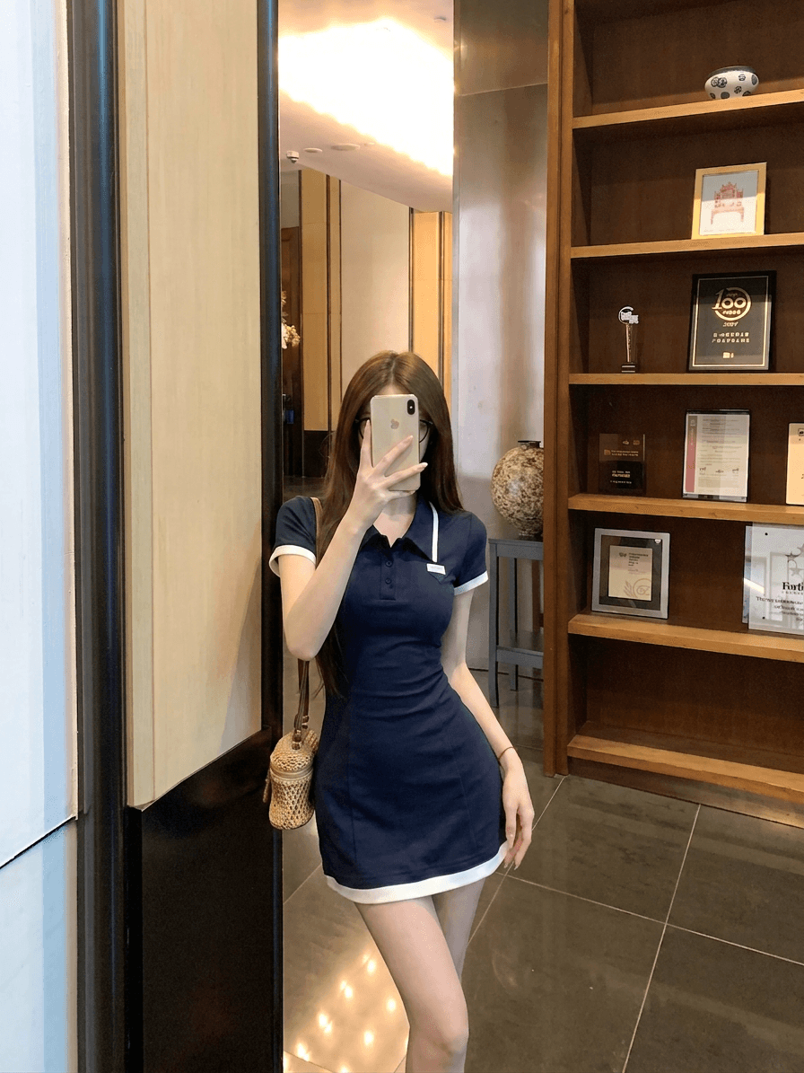 실사 정가 한 바람 miu 부서 POLO 칼라 허리 수축 슬림해 보이는 타이트 스커트 핫걸 쇼트 스타일 드레스 상세 이미지 10