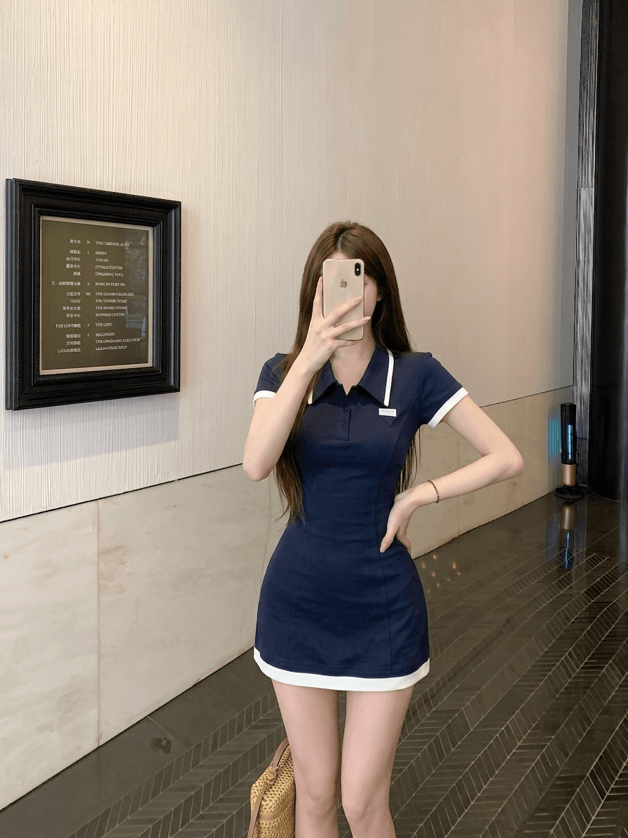 실사 정가 한 바람 miu 부서 POLO 칼라 허리 수축 슬림해 보이는 타이트 스커트 핫걸 쇼트 스타일 드레스 상세 이미지 11