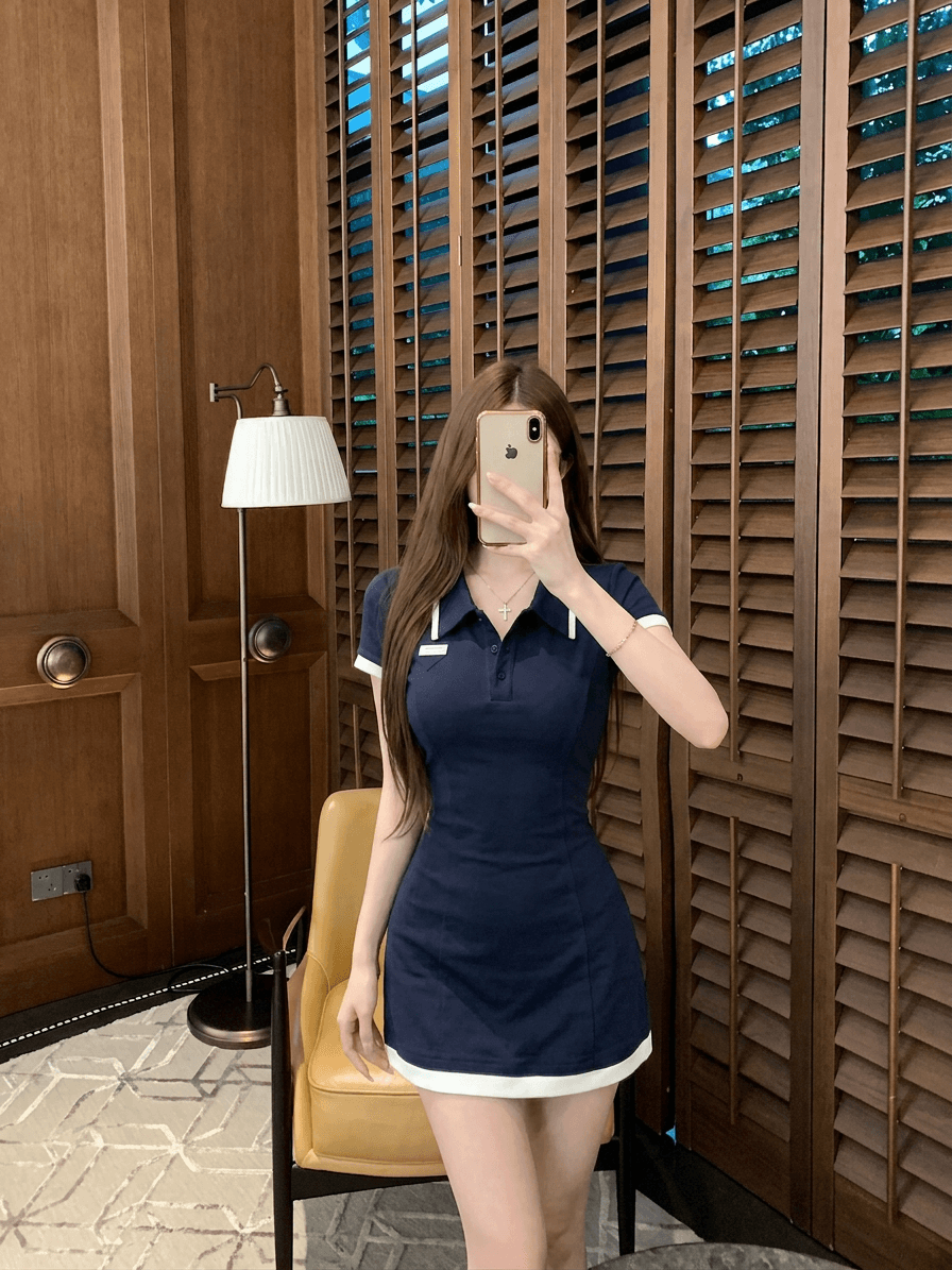 실사 정가 한 바람 miu 부서 POLO 칼라 허리 수축 슬림해 보이는 타이트 스커트 핫걸 쇼트 스타일 드레스 상세 이미지 12