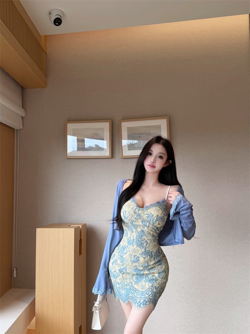 실사 정가 빛 요리 한 로얄 자매 바람 몸매 가꾸기 레이스 슬립 드레스 품격 나팔 소매 오픈 가디건 세트 상세 이미지 11