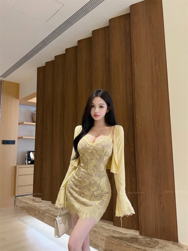 실사 정가 빛 요리 한 로얄 자매 바람 몸매 가꾸기 레이스 슬립 드레스 품격 나팔 소매 오픈 가디건 세트 상세 이미지 18