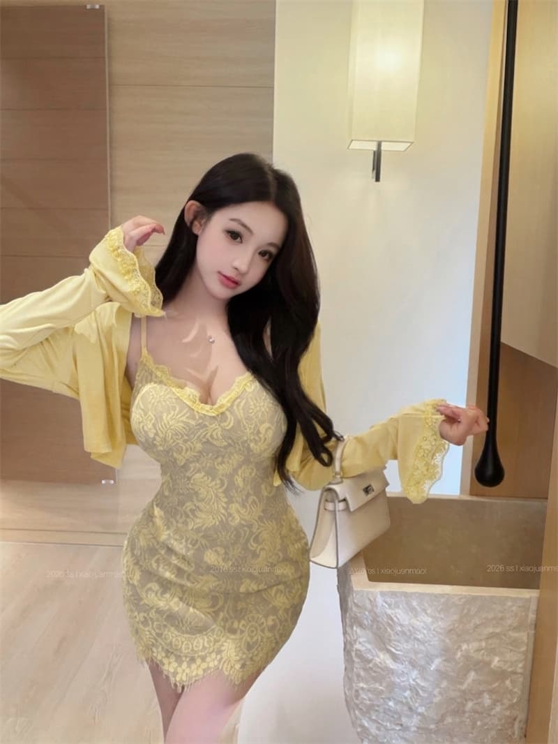 실사 정가 빛 요리 한 로얄 자매 바람 몸매 가꾸기 레이스 슬립 드레스 품격 나팔 소매 오픈 가디건 세트 상세 이미지 19