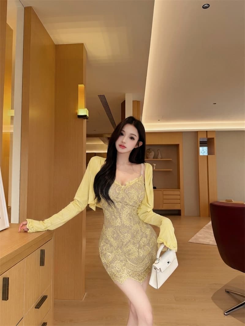 실사 정가 빛 요리 한 로얄 자매 바람 몸매 가꾸기 레이스 슬립 드레스 품격 나팔 소매 오픈 가디건 세트 상세 이미지 21