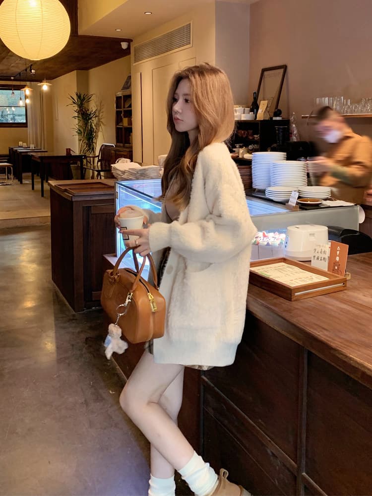 주 대 큰 부드러움 찹쌀 느긋한 밍크 플리스 스웨터 여성 코트 가을 겨울 루즈핏 두꺼운 부드러운 우유 fufu 니트 오픈 가디건 이미지 5