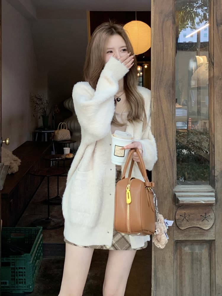 주 대 큰 부드러움 찹쌀 느긋한 밍크 플리스 스웨터 여성 코트 가을 겨울 루즈핏 두꺼운 부드러운 우유 fufu 니트 오픈 가디건 이미지 3