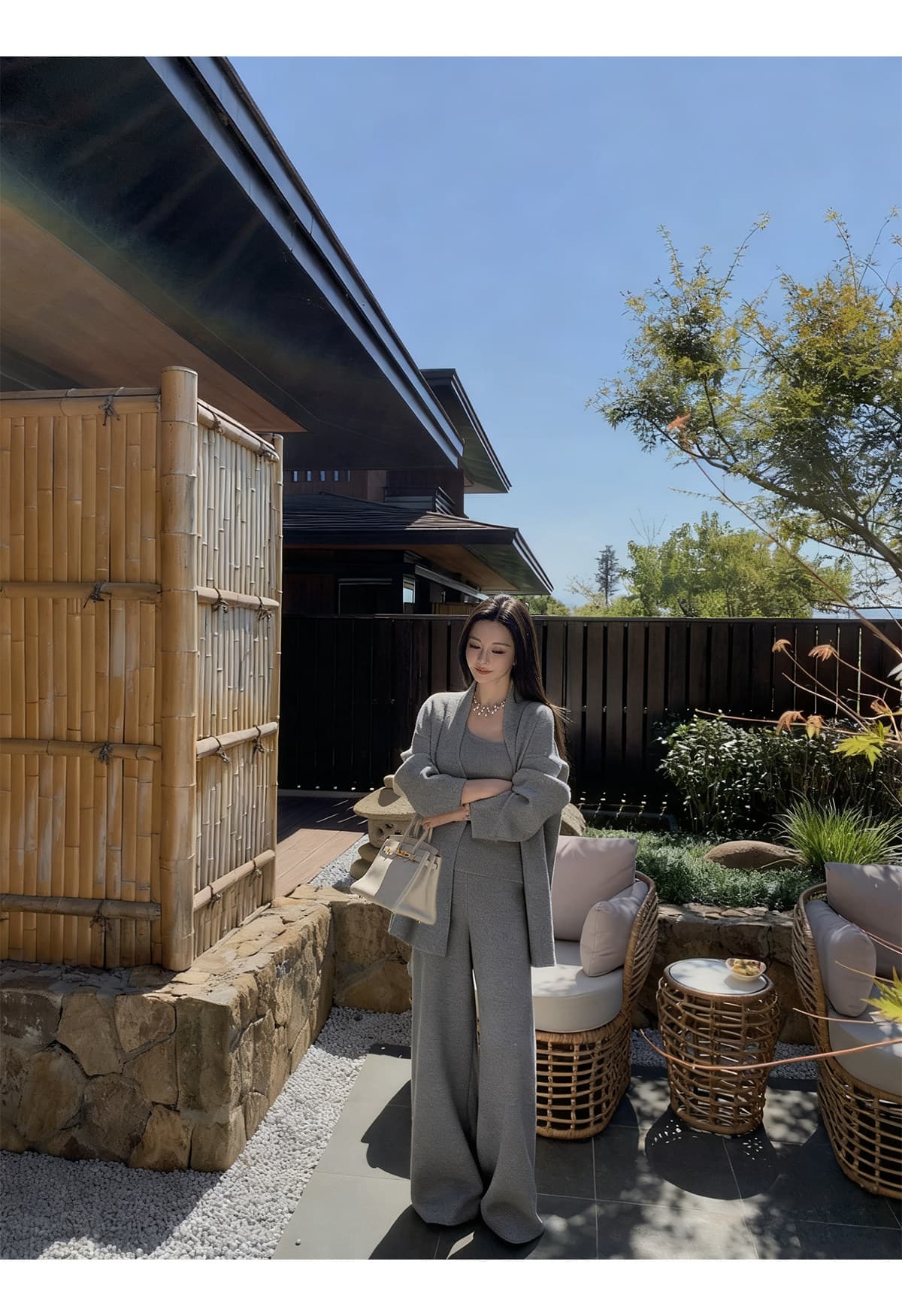 2026 새로운 디자이너 섹션 비스듬한 어깨 발굴하다 구두 프로 피부 플러시 니트 맨위 긴 바지 오픈 가디건 3종 세트 상세 이미지 13