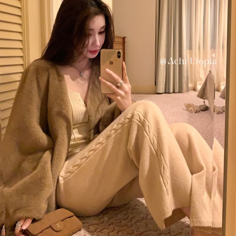 achi 대 또한 수영장 lp 천 골드 센스 양모 꽈배기 니트 넓은 다리 캐주얼 바지 여성 하이웨이스트 긴 바지 스트레이트 팬츠 이미지 4