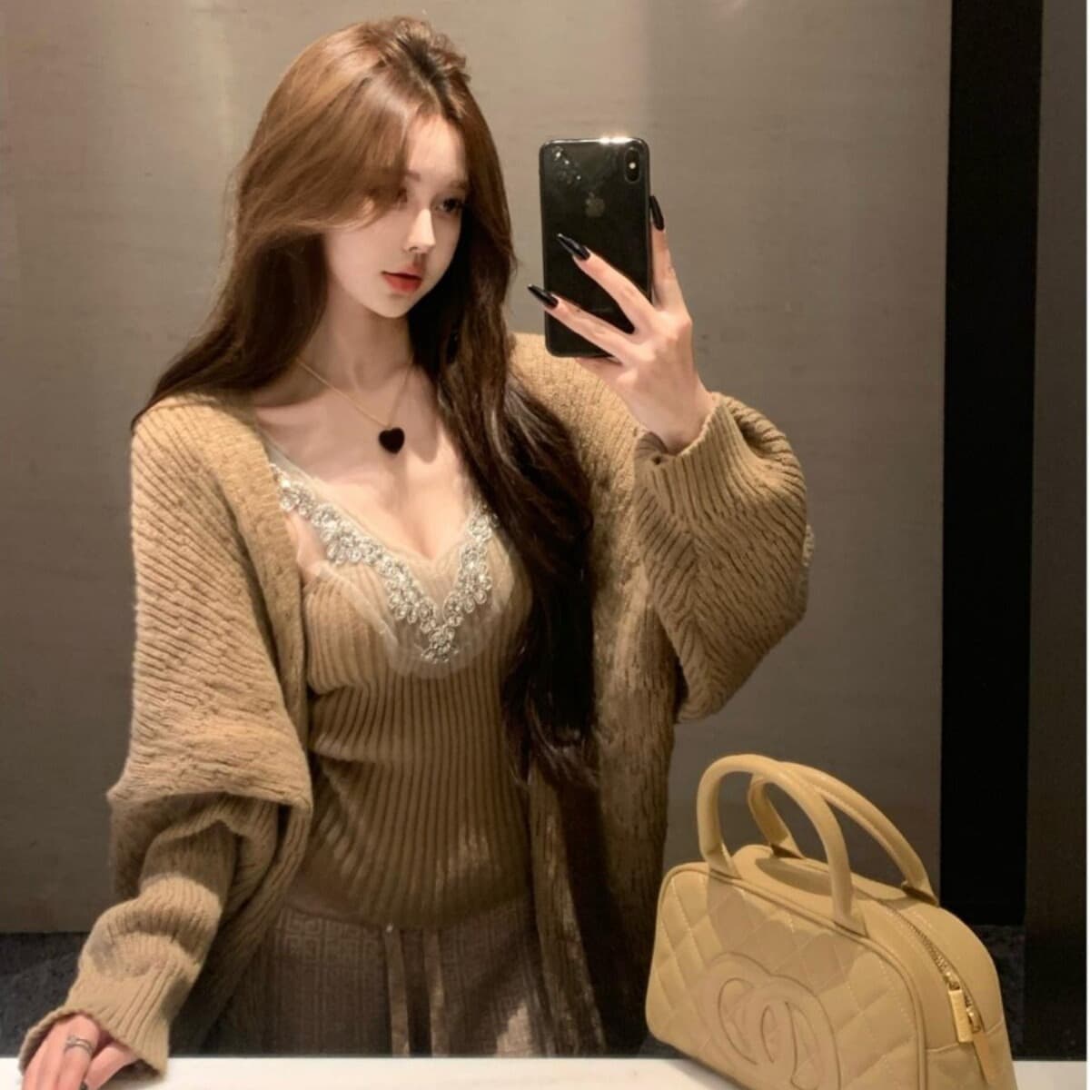부드러운 바람 부드러운 찹쌀 화이트 니트 스웨터 오픈 가디건 여성 가을 겨울 착용 가져 가라. 전체 집합 다이아몬드 세팅 슬립 맨위 투피스 세트 이미지 6