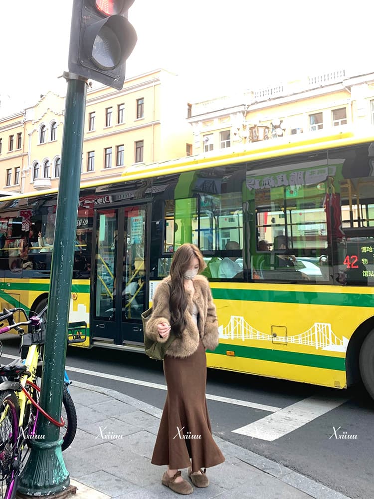 xxiiuu 도시 추적 가을 겨울 새로운 더블 색상 니트 반신 스커트 여성 품격 인어 꼬리 스커트 한 마디 치마 상세 이미지 12