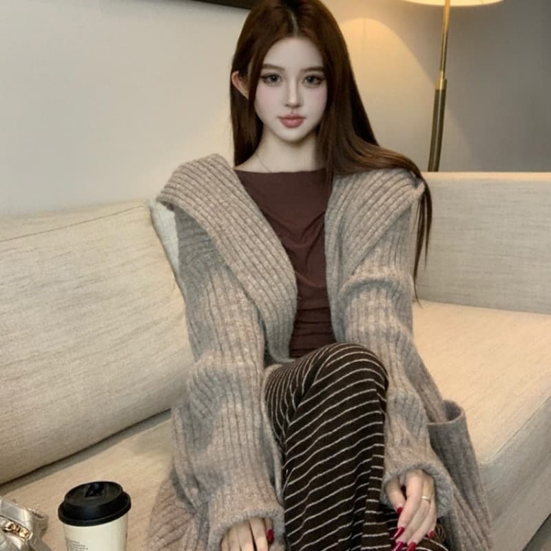 2026 새로운 레트로 부드러운 찹쌀 후드 긴팔 스웨터 여성 코트 가을 루즈핏 니트 오픈 가디건 캐주얼 롱 코트 이미지 4
