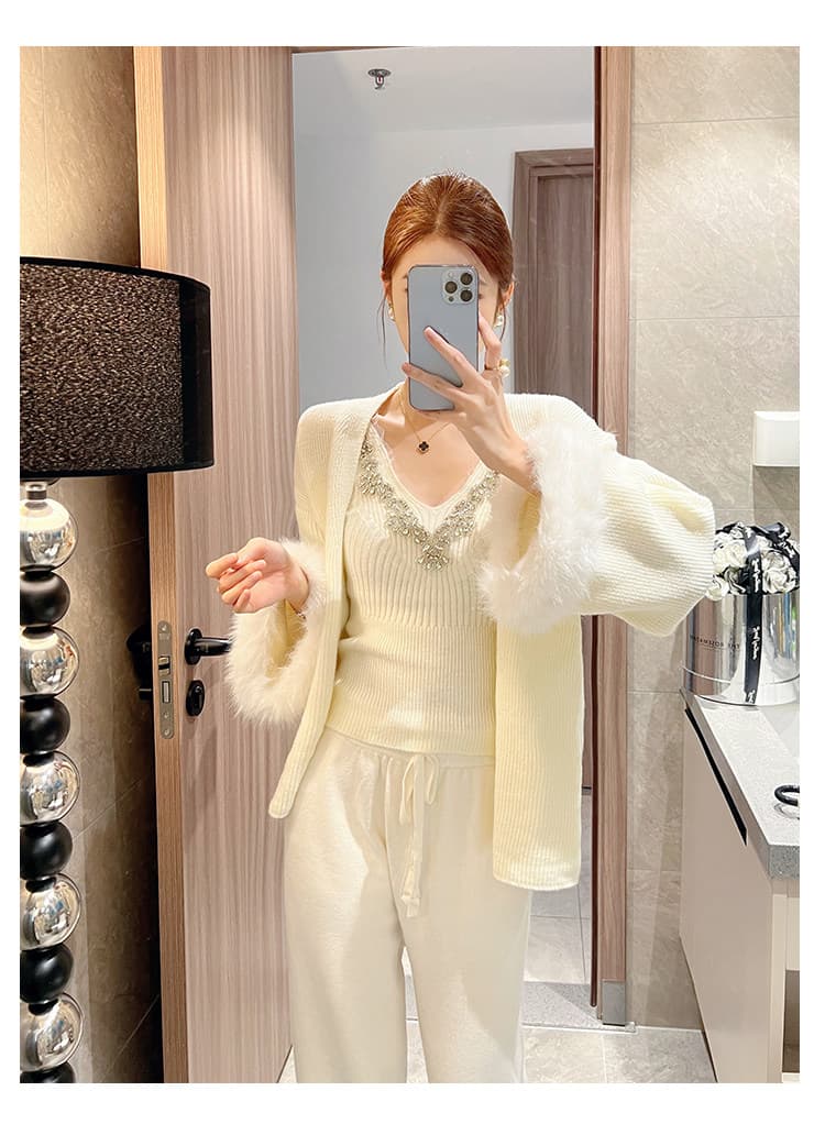 빛 럭셔리 천 금빛 바람 모피 니트 스웨터 다이아몬드 세팅 조끼 오픈 가디건 와이드 레그 팬츠 3종 세트 고급 센스 착용 가져 가라. 전체 집합 상세 이미지 4