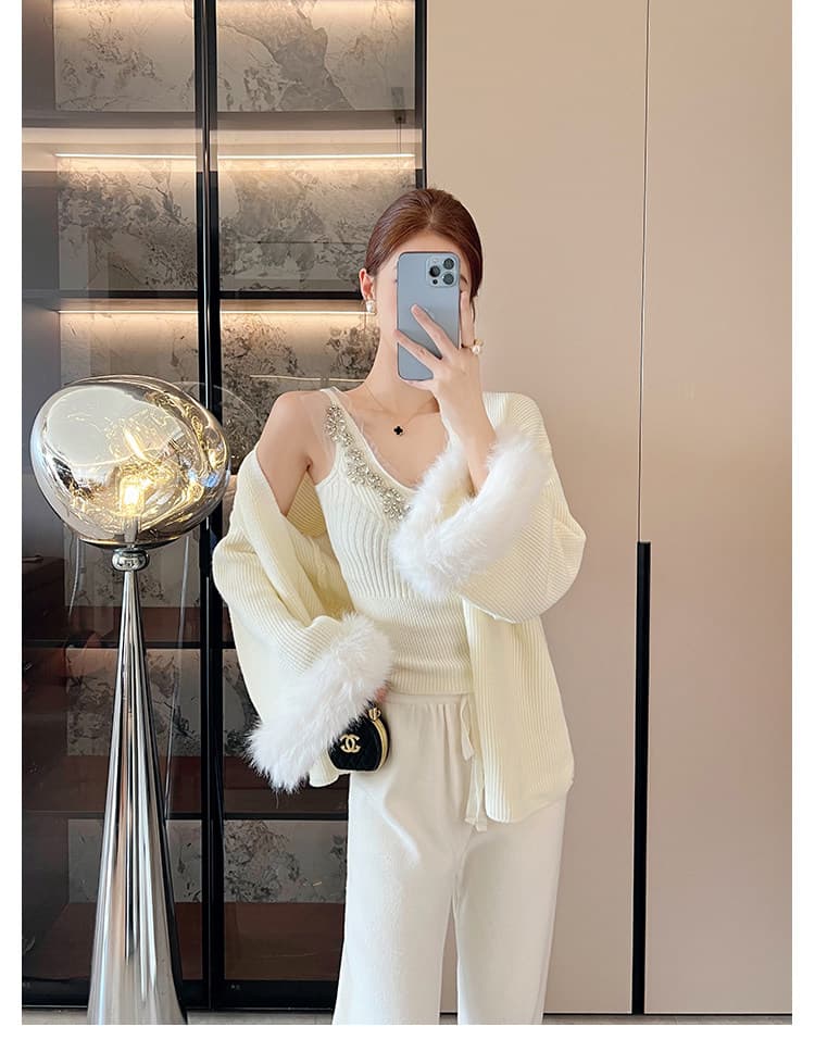 빛 럭셔리 천 금빛 바람 모피 니트 스웨터 다이아몬드 세팅 조끼 오픈 가디건 와이드 레그 팬츠 3종 세트 고급 센스 착용 가져 가라. 전체 집합 상세 이미지 5