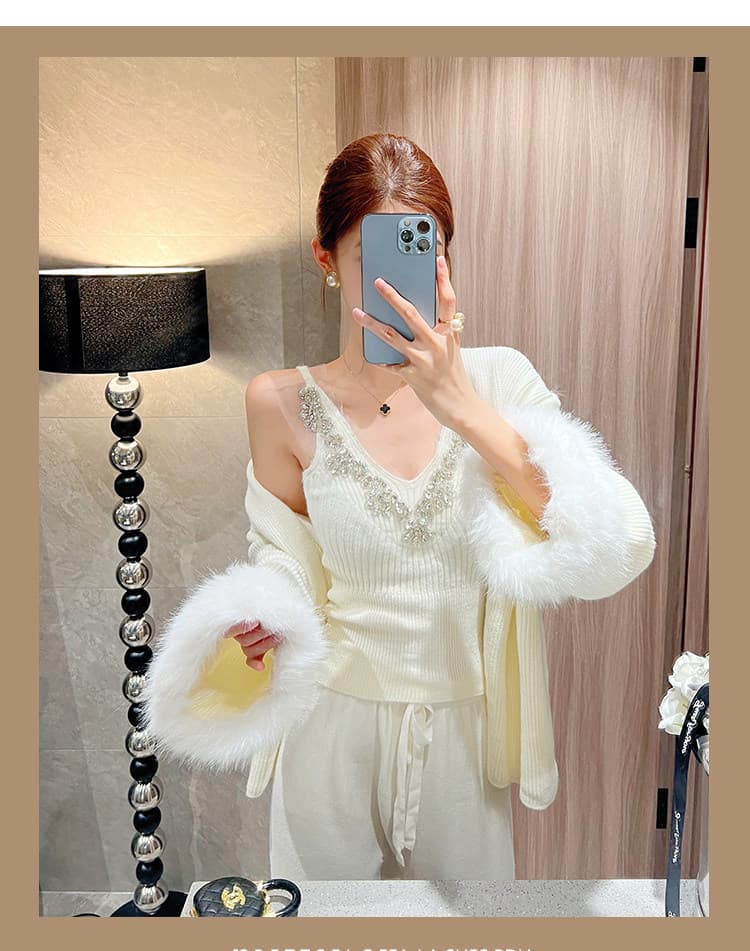 빛 럭셔리 천 금빛 바람 모피 니트 스웨터 다이아몬드 세팅 조끼 오픈 가디건 와이드 레그 팬츠 3종 세트 고급 센스 착용 가져 가라. 전체 집합 상세 이미지 6