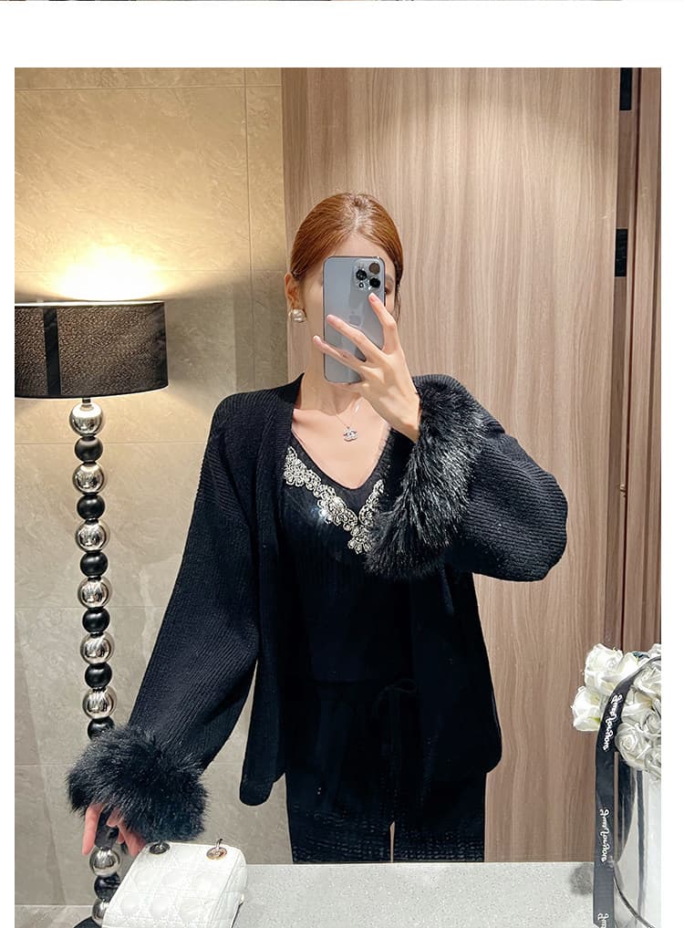 빛 럭셔리 천 금빛 바람 모피 니트 스웨터 다이아몬드 세팅 조끼 오픈 가디건 와이드 레그 팬츠 3종 세트 고급 센스 착용 가져 가라. 전체 집합 상세 이미지 14
