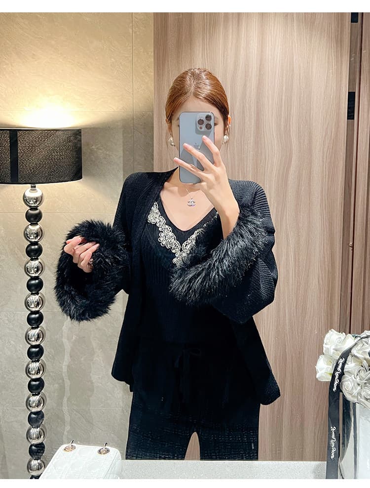 빛 럭셔리 천 금빛 바람 모피 니트 스웨터 다이아몬드 세팅 조끼 오픈 가디건 와이드 레그 팬츠 3종 세트 고급 센스 착용 가져 가라. 전체 집합 상세 이미지 21