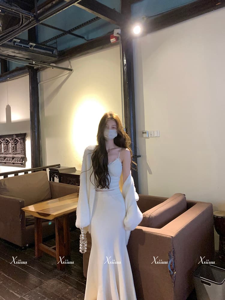 xxiiuu 가을 겨울 부드러운 품격 루즈핏 에디션 스웨터 코트 레이스 슬립 니트 인어 꼬리 스커트 세 조각 세트 상세 이미지 3