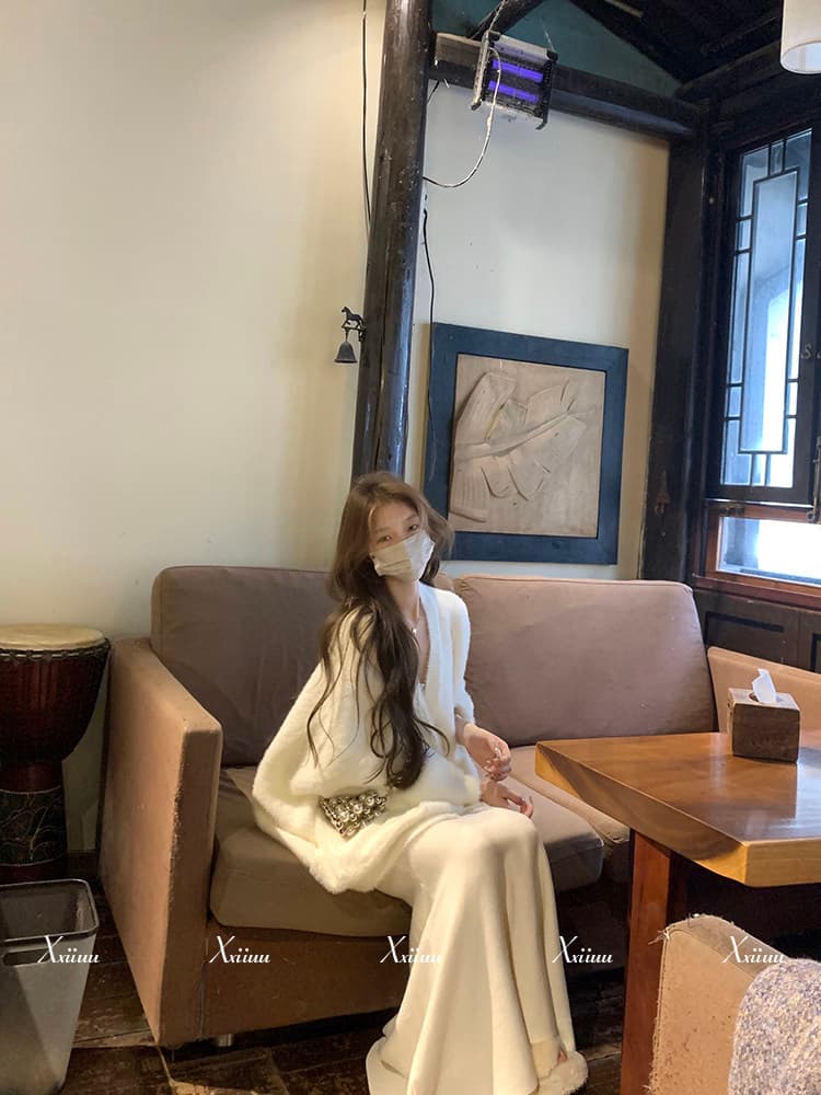 xxiiuu 가을 겨울 부드러운 품격 루즈핏 에디션 스웨터 코트 레이스 슬립 니트 인어 꼬리 스커트 세 조각 세트 상세 이미지 13