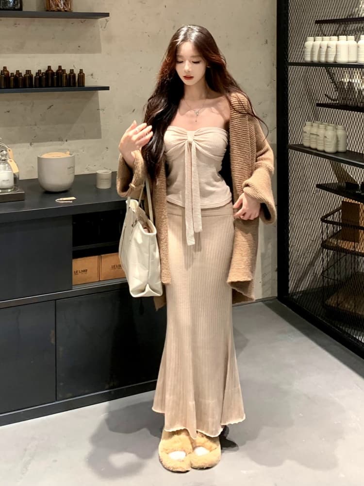 하나 달콤한 복숭아 yiketty 이른 가을 튜브탑 슬립 니트 인어 꼬리 반신 스커트 스웨터 오픈 가디건 세 조각 세트 이미지 2