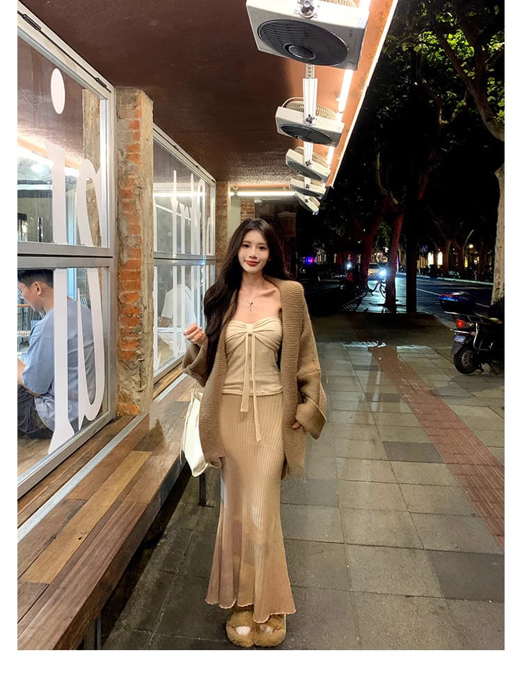 하나 달콤한 복숭아 yiketty 이른 가을 튜브탑 슬립 니트 인어 꼬리 반신 스커트 스웨터 오픈 가디건 세 조각 세트 상세 이미지 5