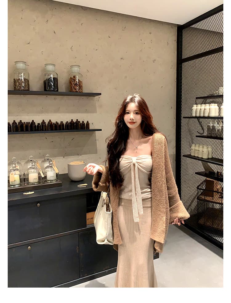 하나 달콤한 복숭아 yiketty 이른 가을 튜브탑 슬립 니트 인어 꼬리 반신 스커트 스웨터 오픈 가디건 세 조각 세트 상세 이미지 8