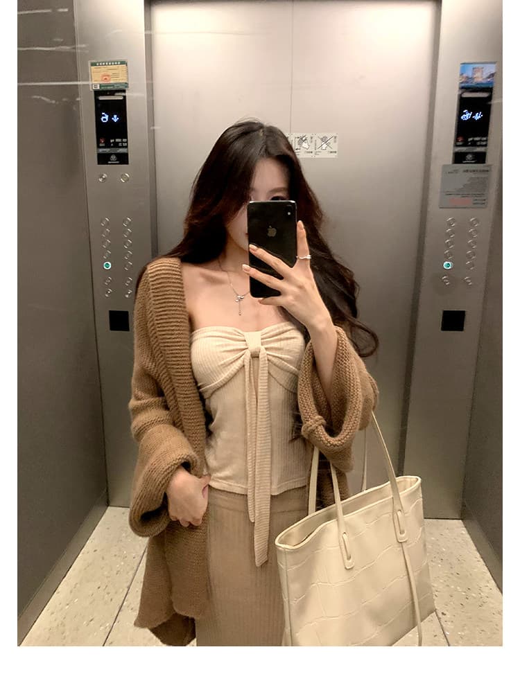 하나 달콤한 복숭아 yiketty 이른 가을 튜브탑 슬립 니트 인어 꼬리 반신 스커트 스웨터 오픈 가디건 세 조각 세트 상세 이미지 10