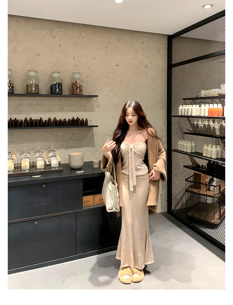 하나 달콤한 복숭아 yiketty 이른 가을 튜브탑 슬립 니트 인어 꼬리 반신 스커트 스웨터 오픈 가디건 세 조각 세트 상세 이미지 11