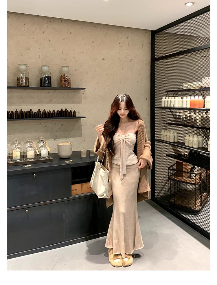 하나 달콤한 복숭아 yiketty 이른 가을 튜브탑 슬립 니트 인어 꼬리 반신 스커트 스웨터 오픈 가디건 세 조각 세트 상세 이미지 12