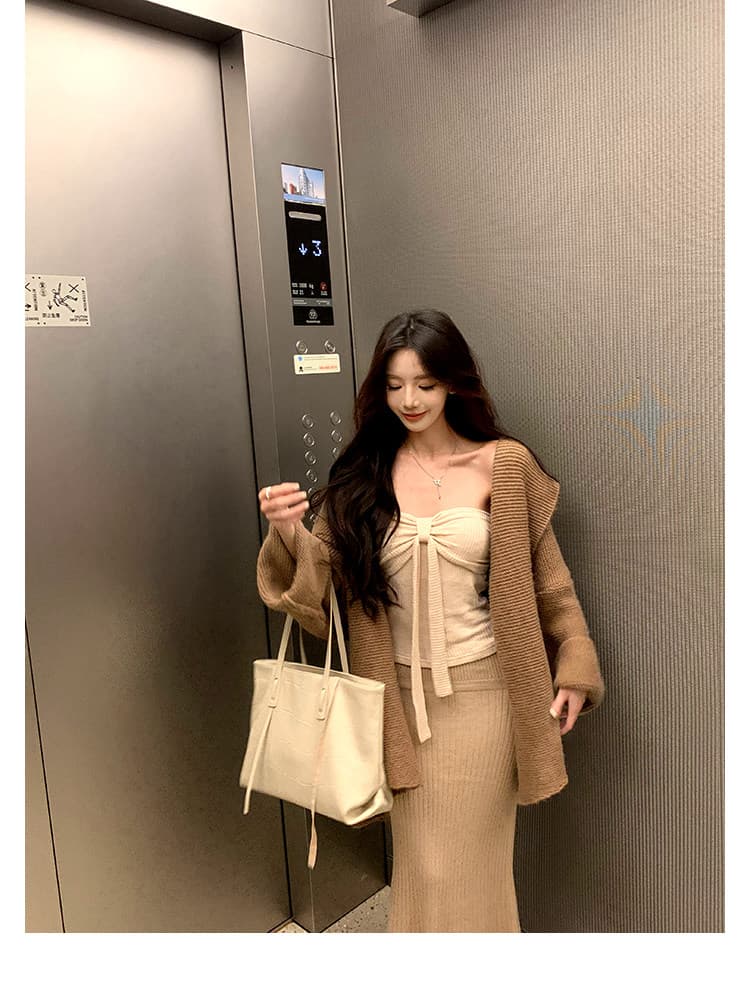 하나 달콤한 복숭아 yiketty 이른 가을 튜브탑 슬립 니트 인어 꼬리 반신 스커트 스웨터 오픈 가디건 세 조각 세트 상세 이미지 15