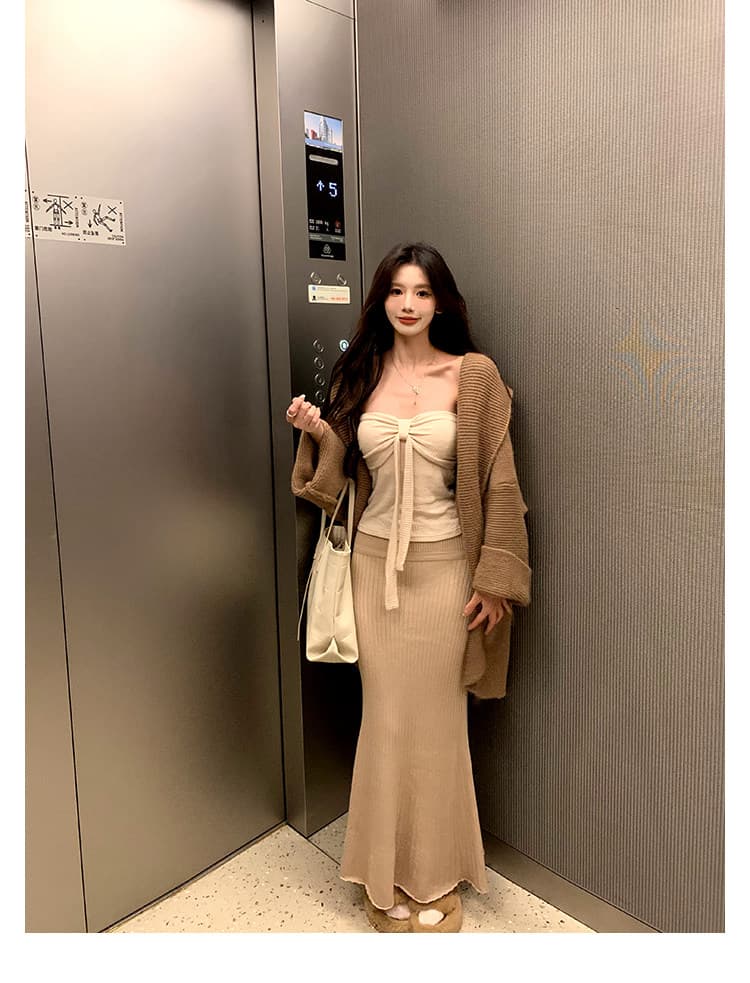 하나 달콤한 복숭아 yiketty 이른 가을 튜브탑 슬립 니트 인어 꼬리 반신 스커트 스웨터 오픈 가디건 세 조각 세트 상세 이미지 17