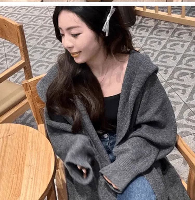 고급 센스 느긋한 윈디 이불 후드 스웨터 코트 가을 겨울 한국 스타일 루즈핏 다용도 두꺼운 니트 코트 여성 상세 이미지 1