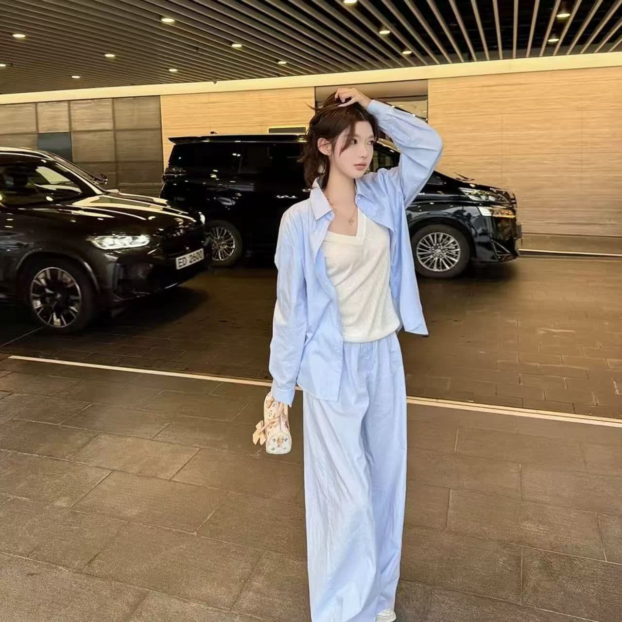 신선함 휴가 바람 고급 센스 세련된 캐주얼 스포츠 슈트 여성 여름 셔츠 와이드 레그 팬츠 도루 센스 투피스 세트 이미지 3